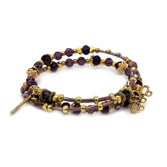 Bracelet with small purple beads and gold accents. Unique. - Picture 2 of 5